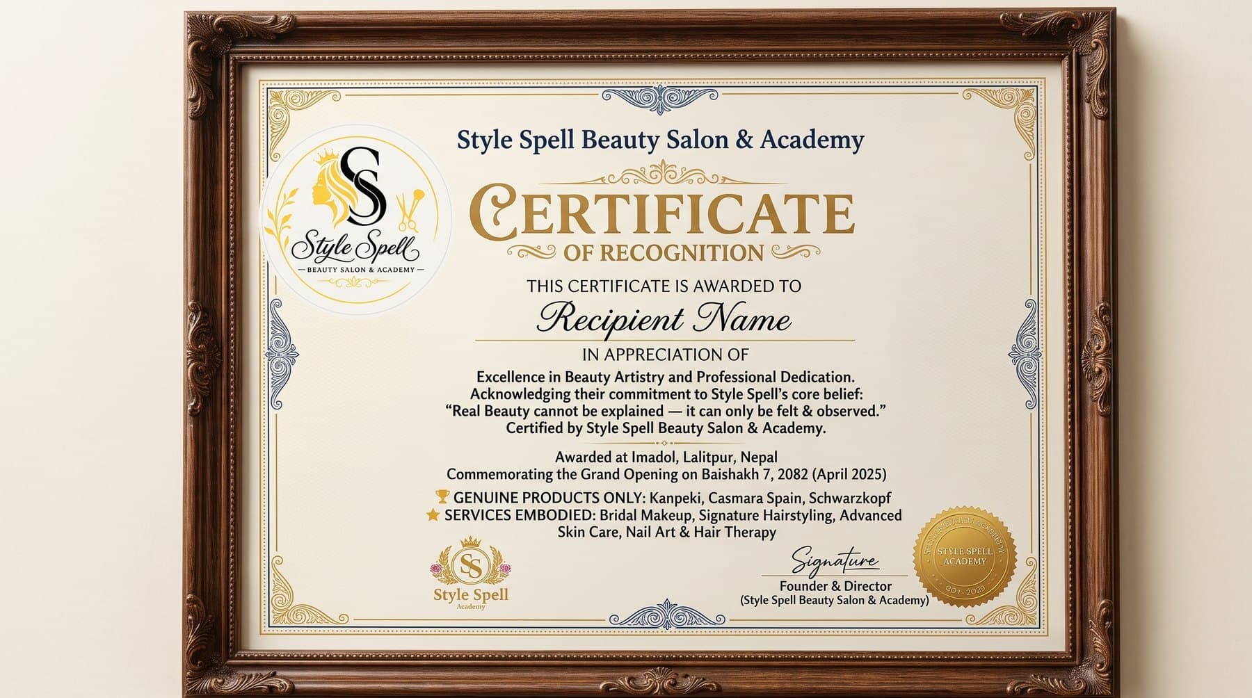 Style Spell Beauty Salon & Academy Certificate of Recognition